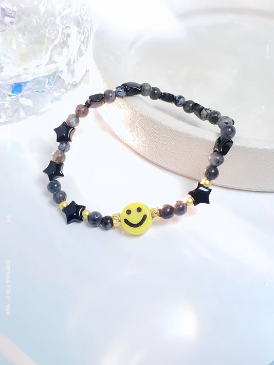 Cosmic Smile - Snowflake Obsidian + Star Black Agate Crystal Bracelet