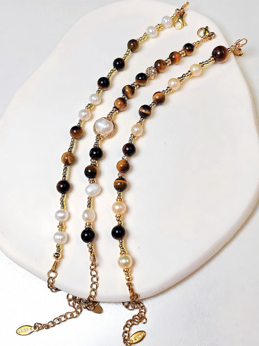 Lustre Ray - Yellow Tiger Eye with Pearl Bracelet
