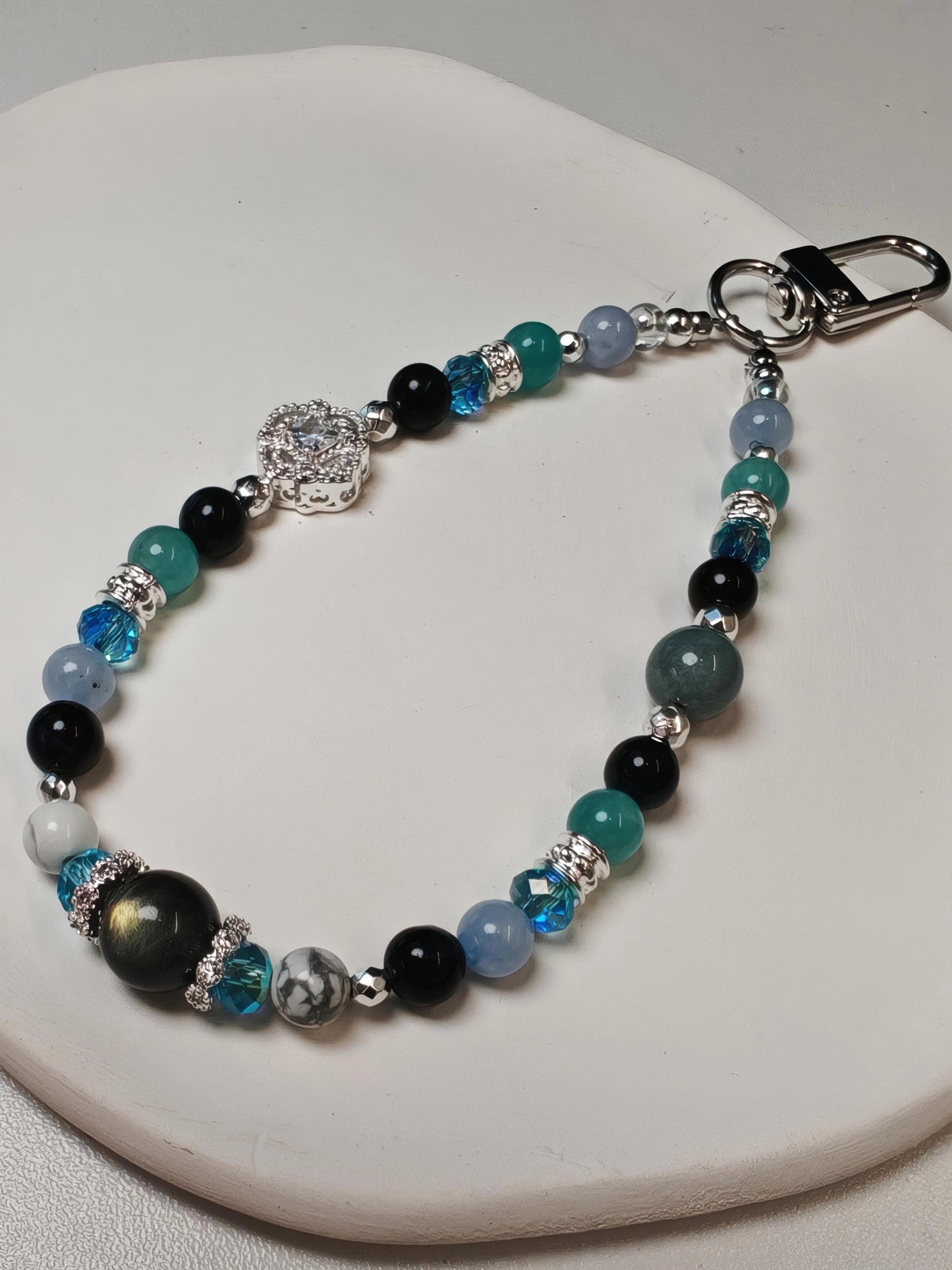 Mystic Voyager - Gold Obsidian + Howlite + Aquamarine + Amazonite + Labradorite + Black Obsidian Phone Chain/ Phone Charm